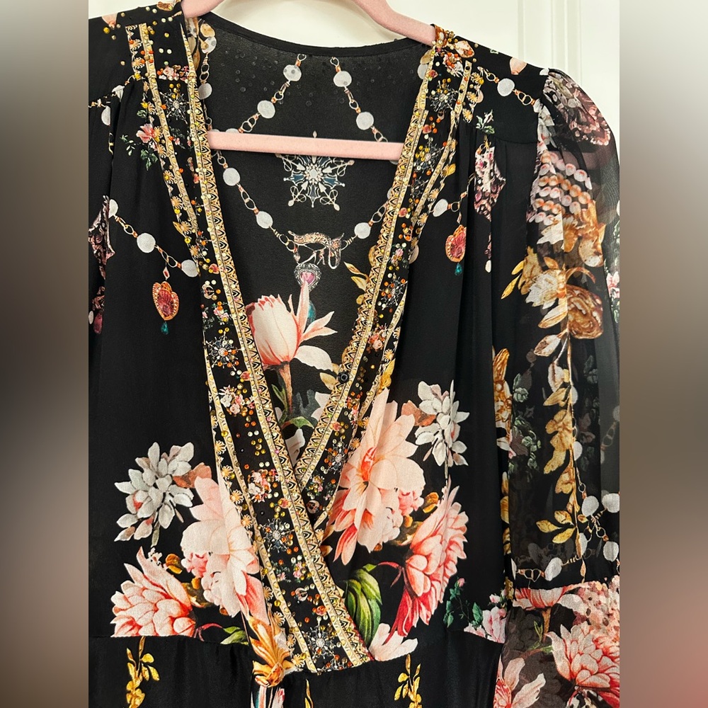Chic Black Floral Long Sleeve Silk Dress - Picture 15 of 15